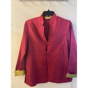 Kami Ethnic place kimono blouse top pink green silk blend large L 50% Silk Linen